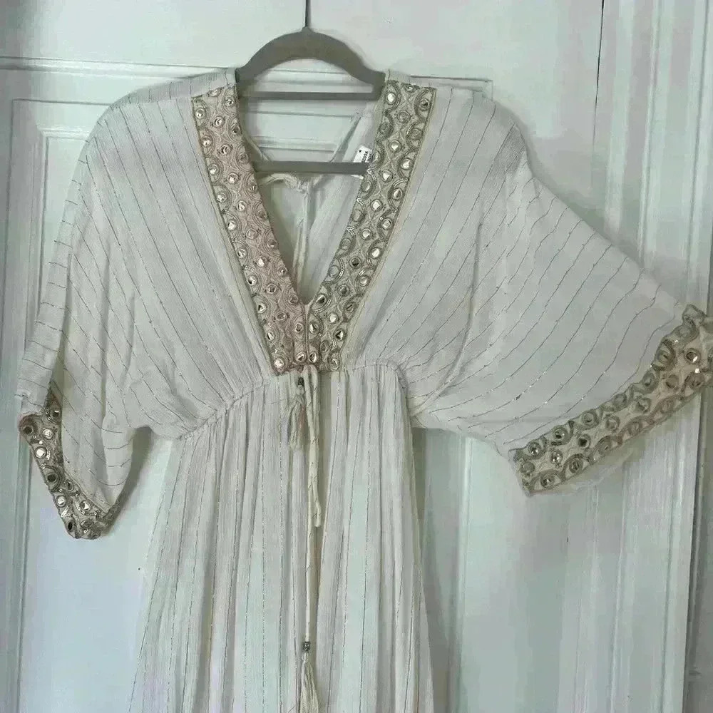 Ivory Boho Mirror Embellished Maxi Dress Viscose Kaftan Festival Beach Resort - Picture 14 of 17